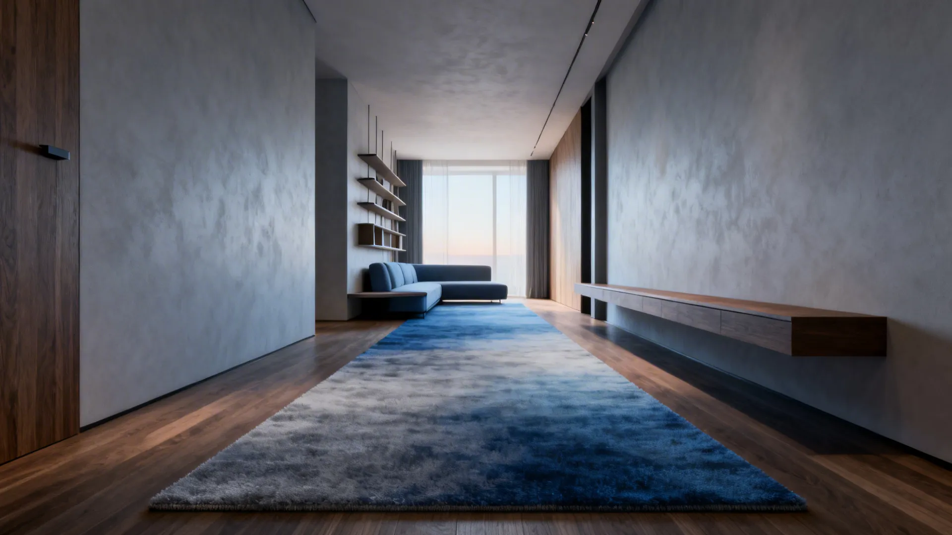 Long narrow living room with a muted blue-to-grey ombre rug creating visual length.