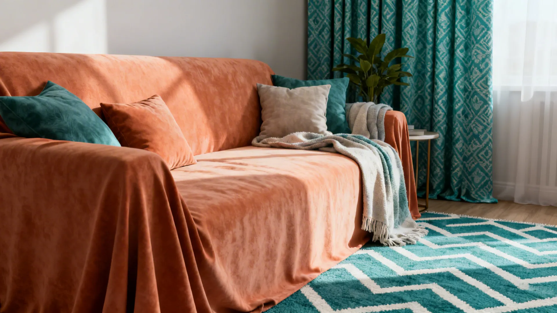 Muted orange sofa paired with teal patterned curtains and a geometric teal-and-white rug.