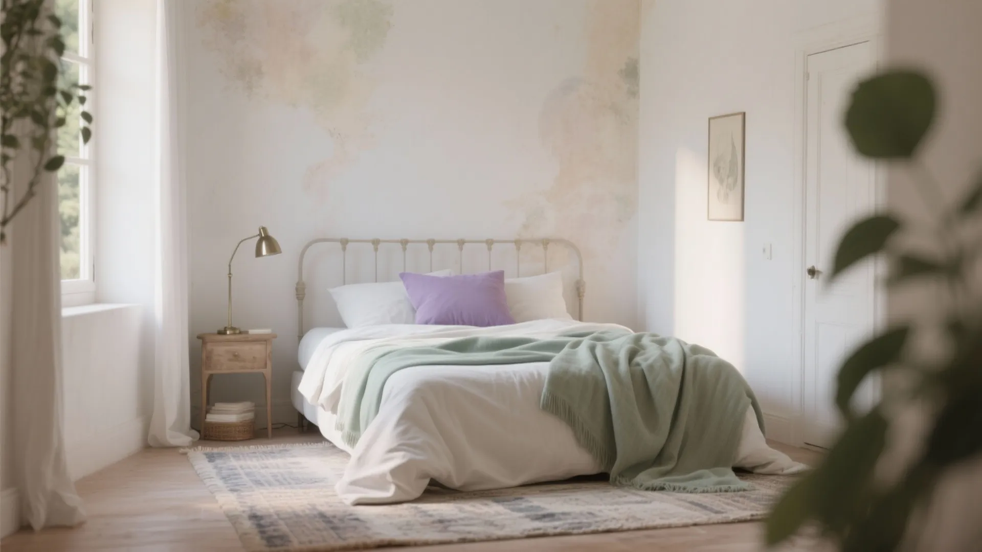 Soft bedroom interior with white metal bed purple pillow light green blanket and wood nightstand