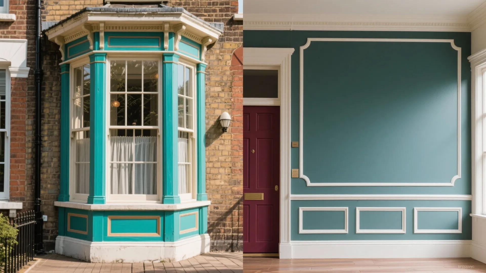 Comparison of a teal exterior bay window and a teal interior wall with white panel