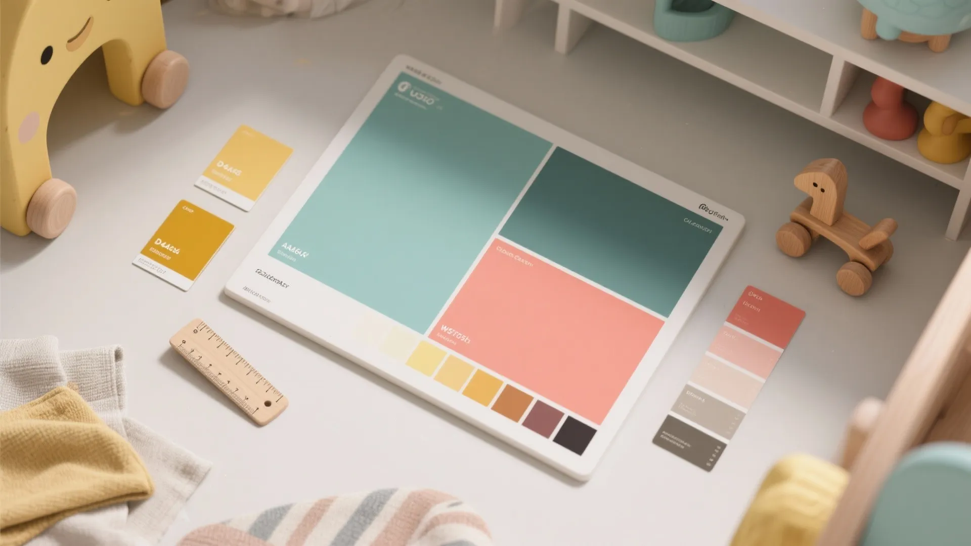 Muted color palette board with blue pink and yellow samples surrounded by wooden toy cars
