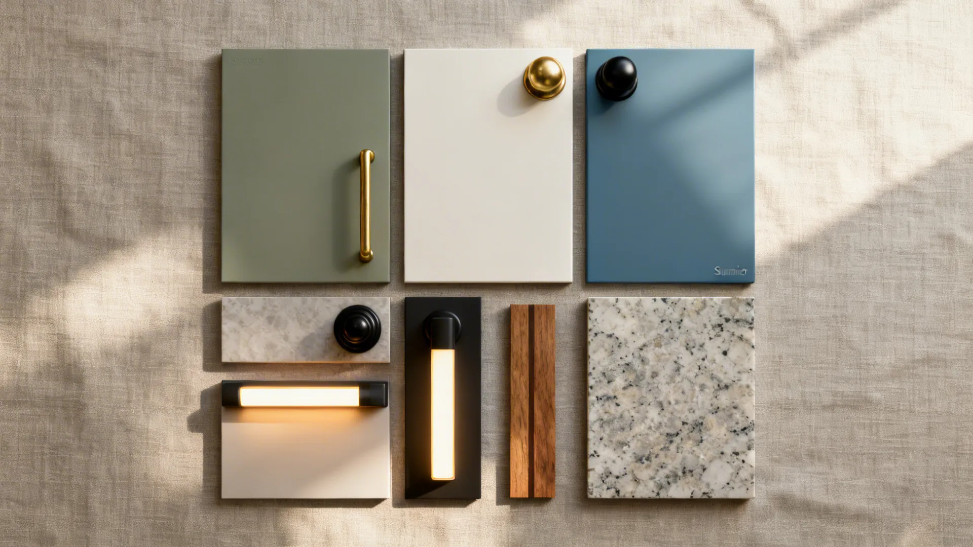 Top-down flatlay with dusty sage, muted blue, off-white samples and warm hardware.