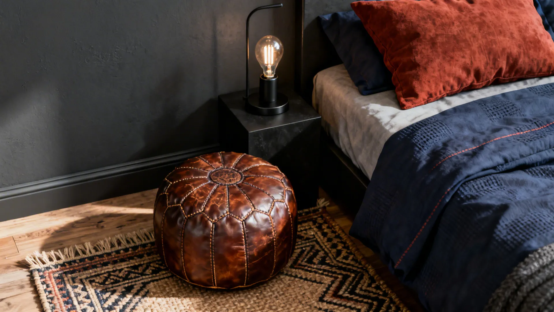 Leather footrest on patterned rug beside black nightstand with light fixture in a modern bedroom