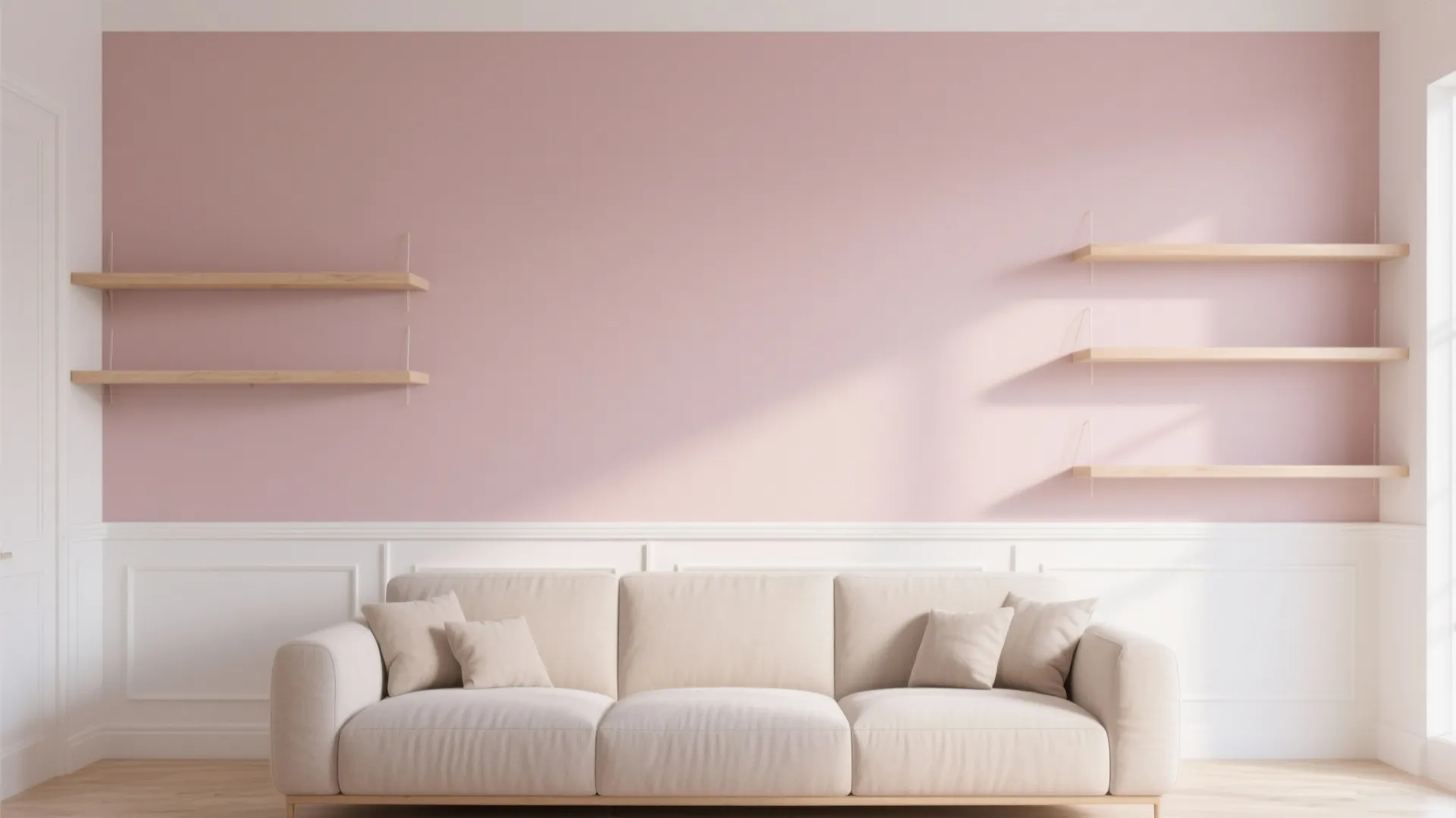 Modern living room featuring pink accent wall, white wall panels, beige sofa, and wooden shelves