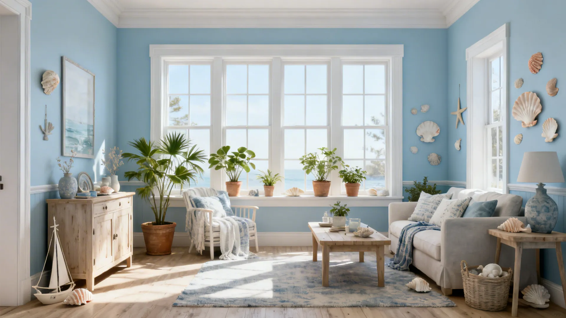 Airy living room with muted pastel blue walls and white trim in Scandinavian style