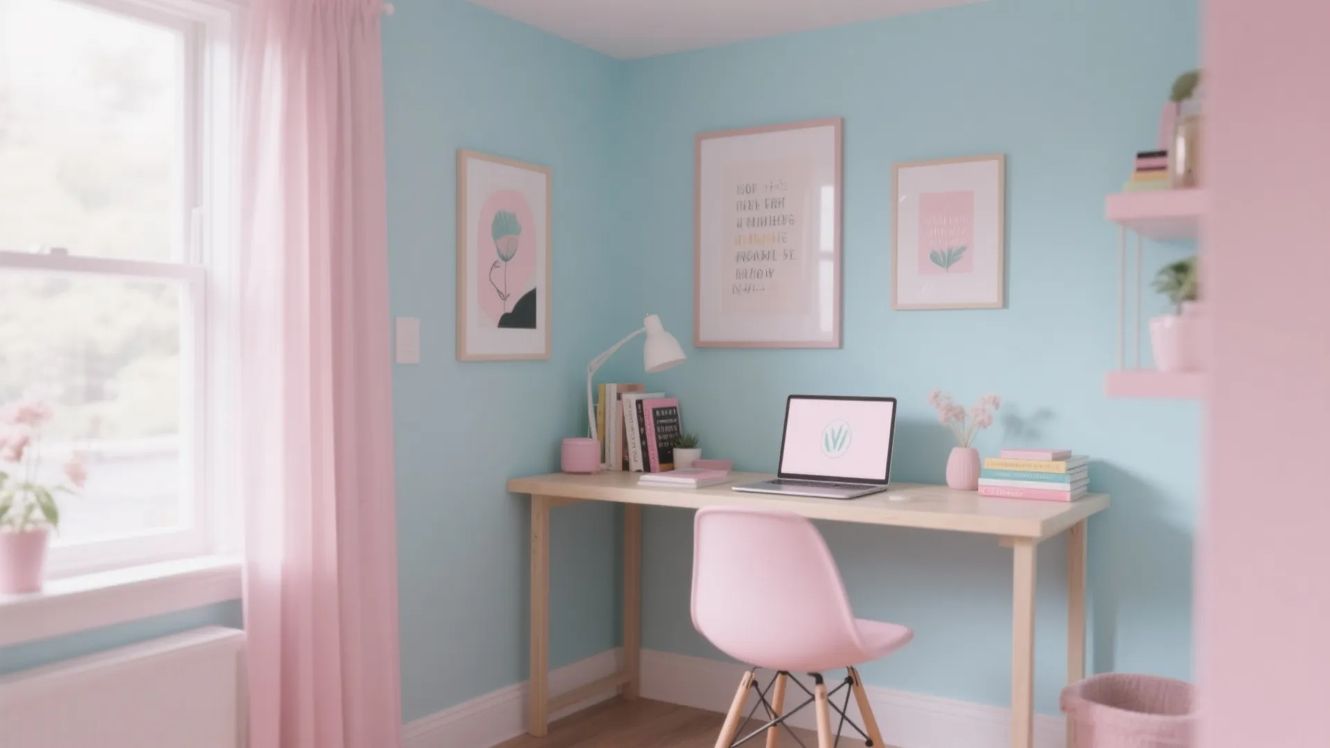 Light blue home office with pink chair pink curtains wooden desk and minimalist wall art