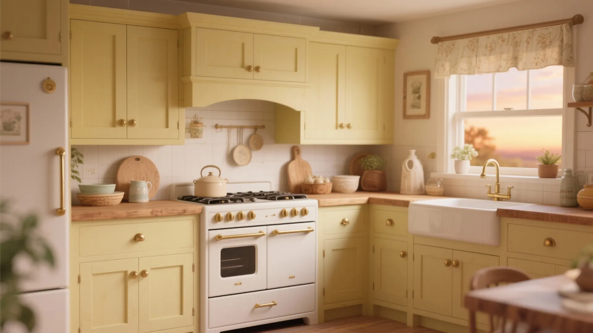 Cottage-style kitchen with muted pastel yellow uppers and warm creamy white lowers with brass fittings.