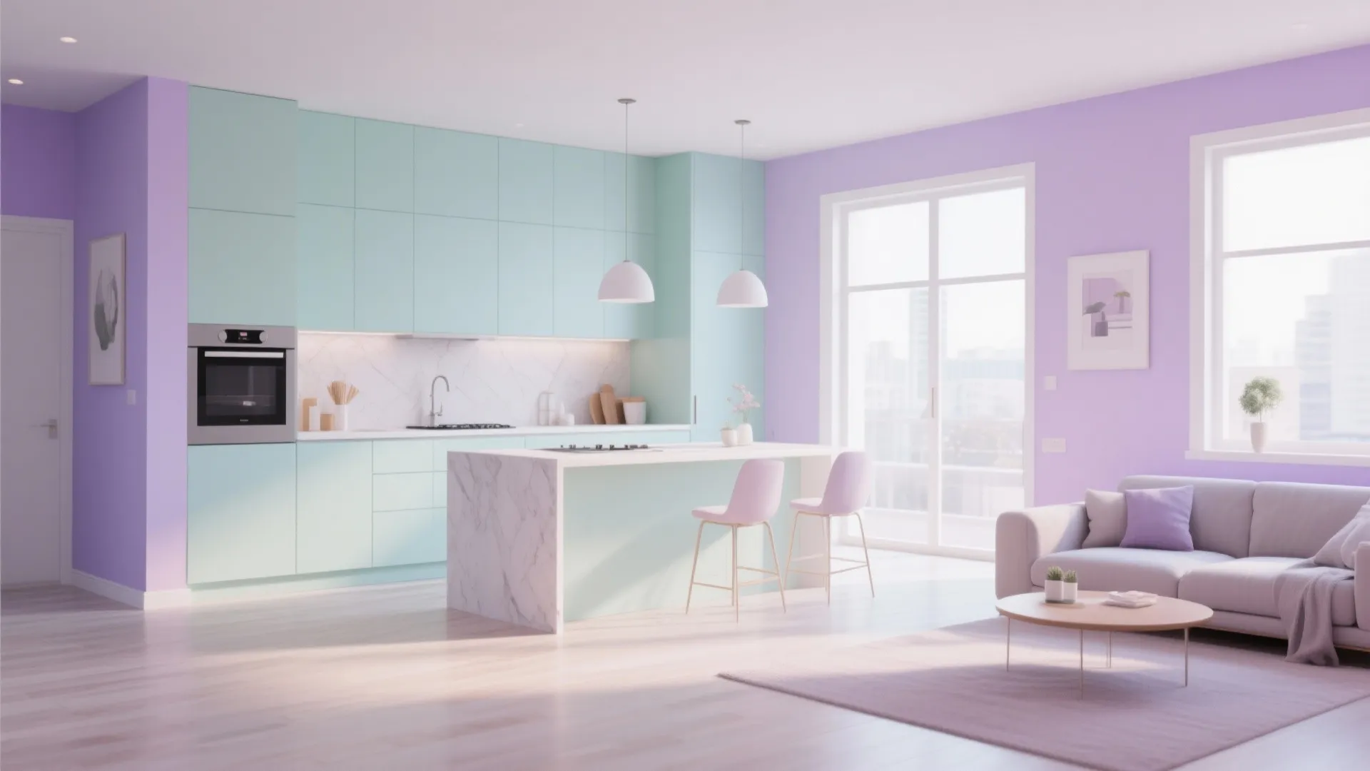 Soft pastel colors create gentle contrast in open-plan space