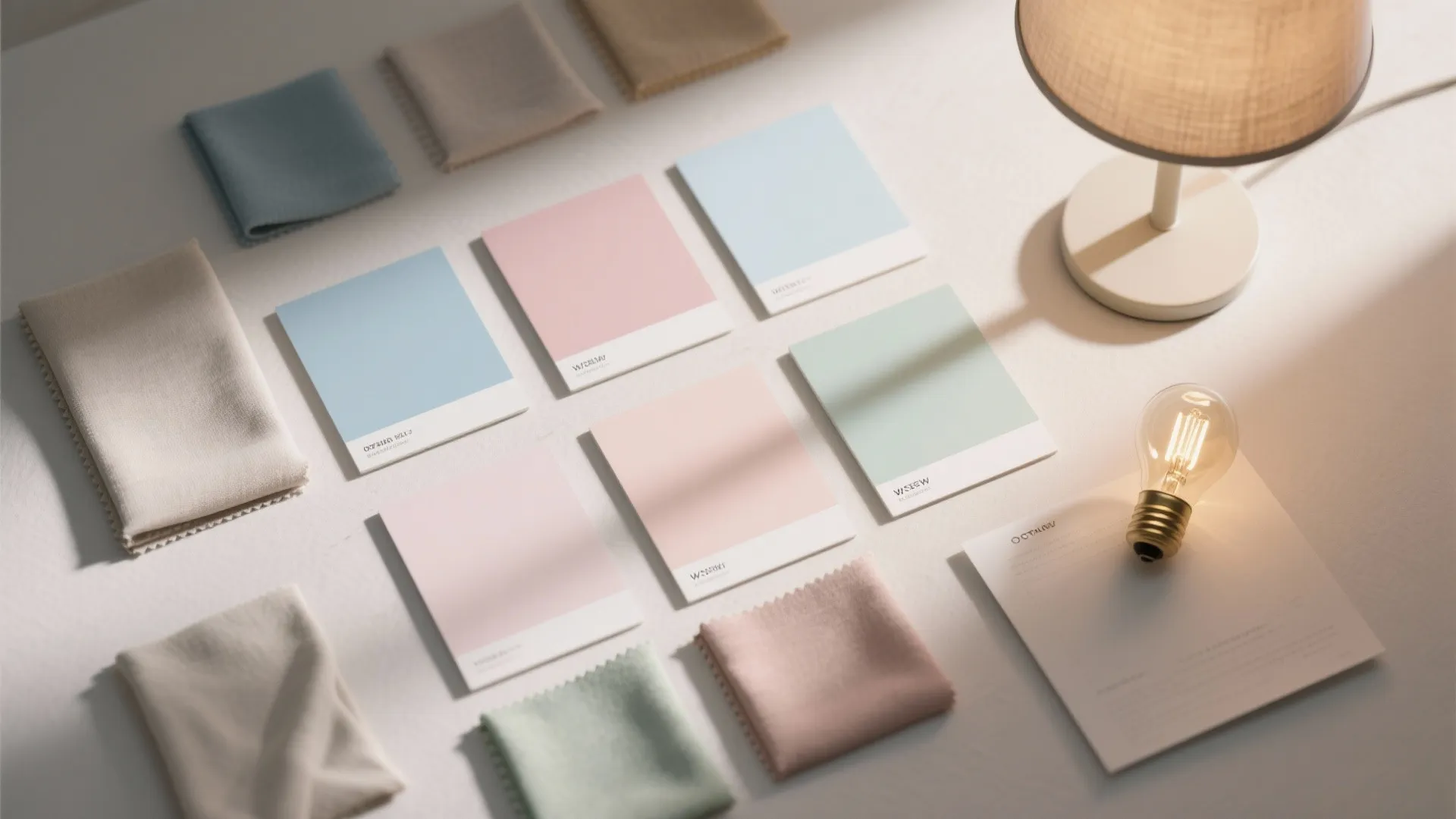 Top-down flatlay of pale blue, blush and sage paint chips with fabric swatches and lamp for light comparison.