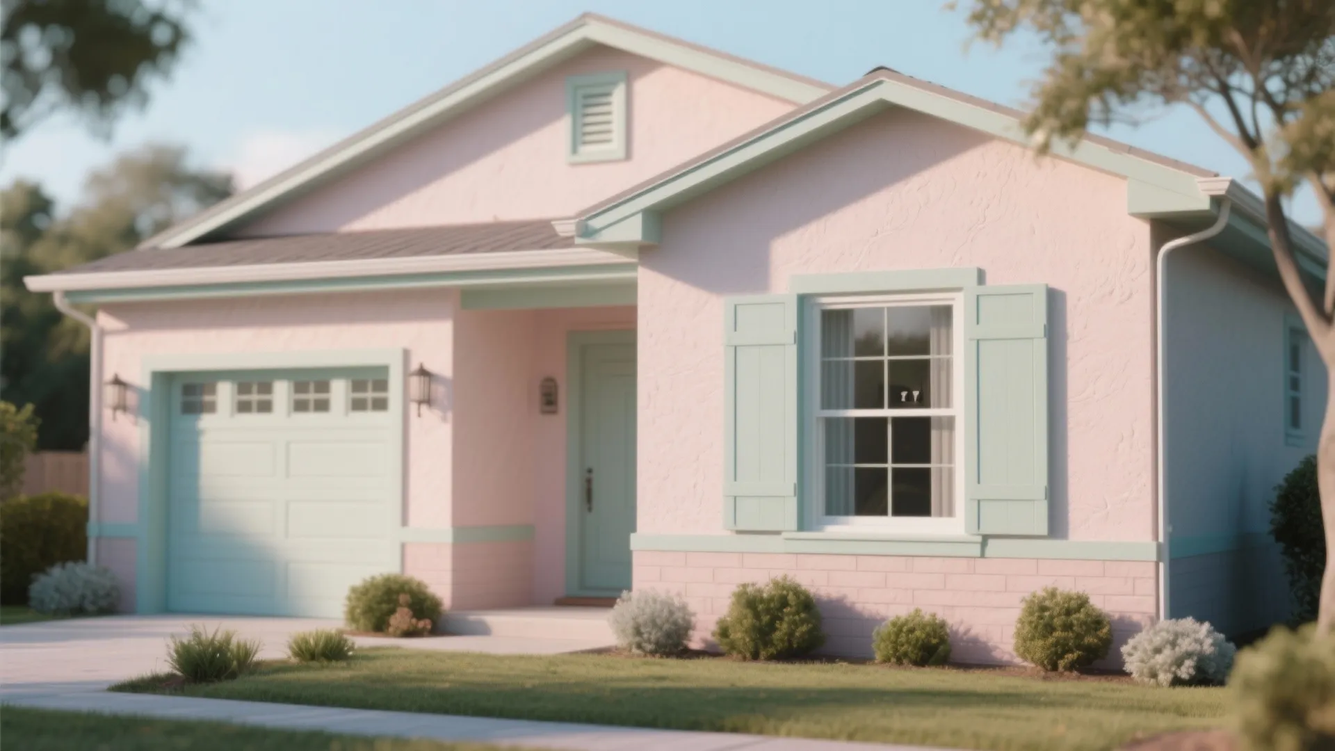 House painted in muted dusty blush and soft sage with minimalist trim and matte finishes.