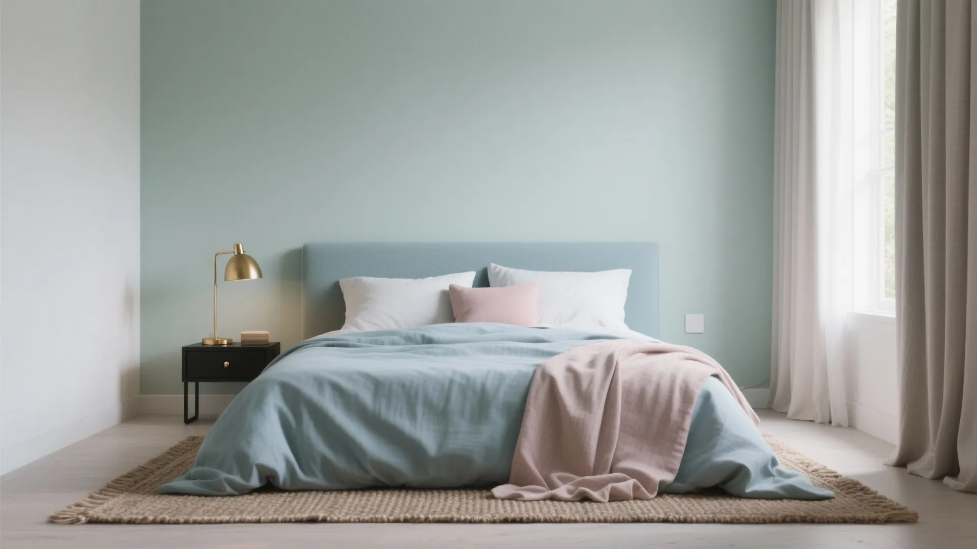 Bedroom with sage accent wall, dusty blue bedding and blush accessories under soft daylight.