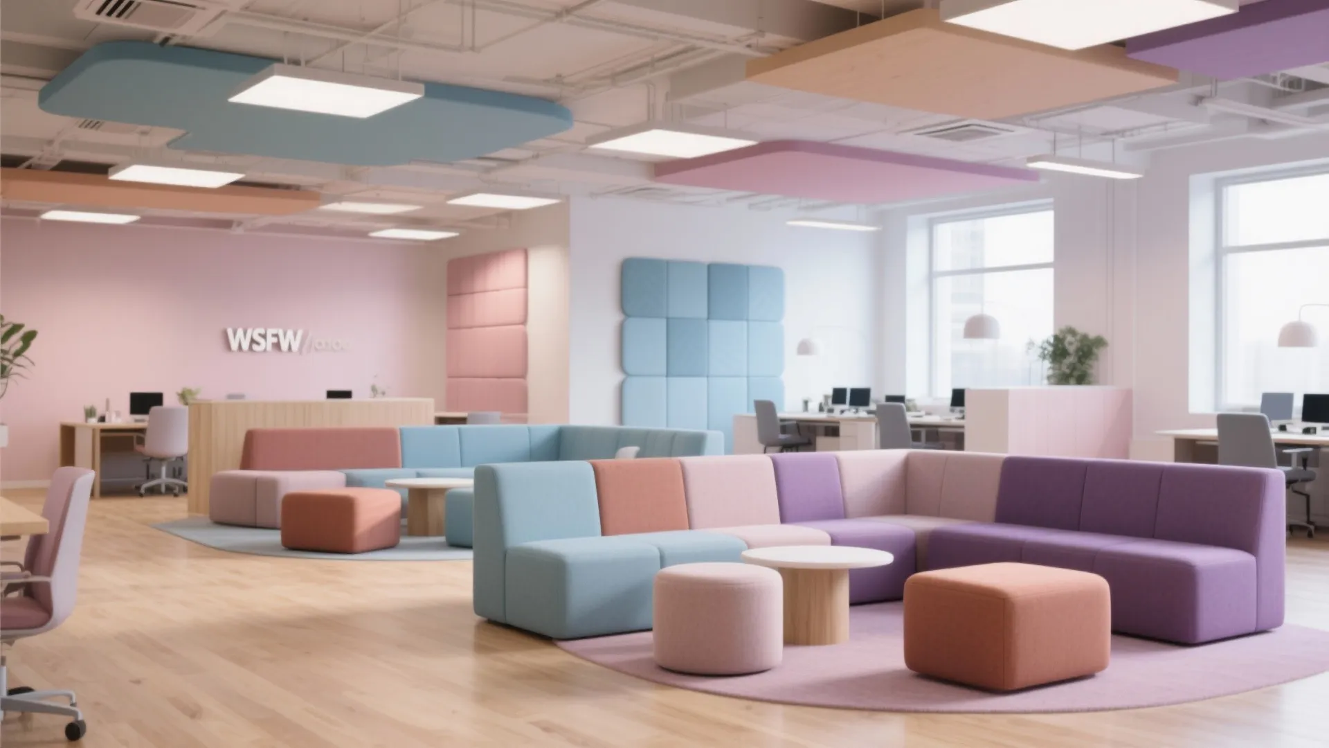 4. Muted Pastels for Open Plan Collaboration