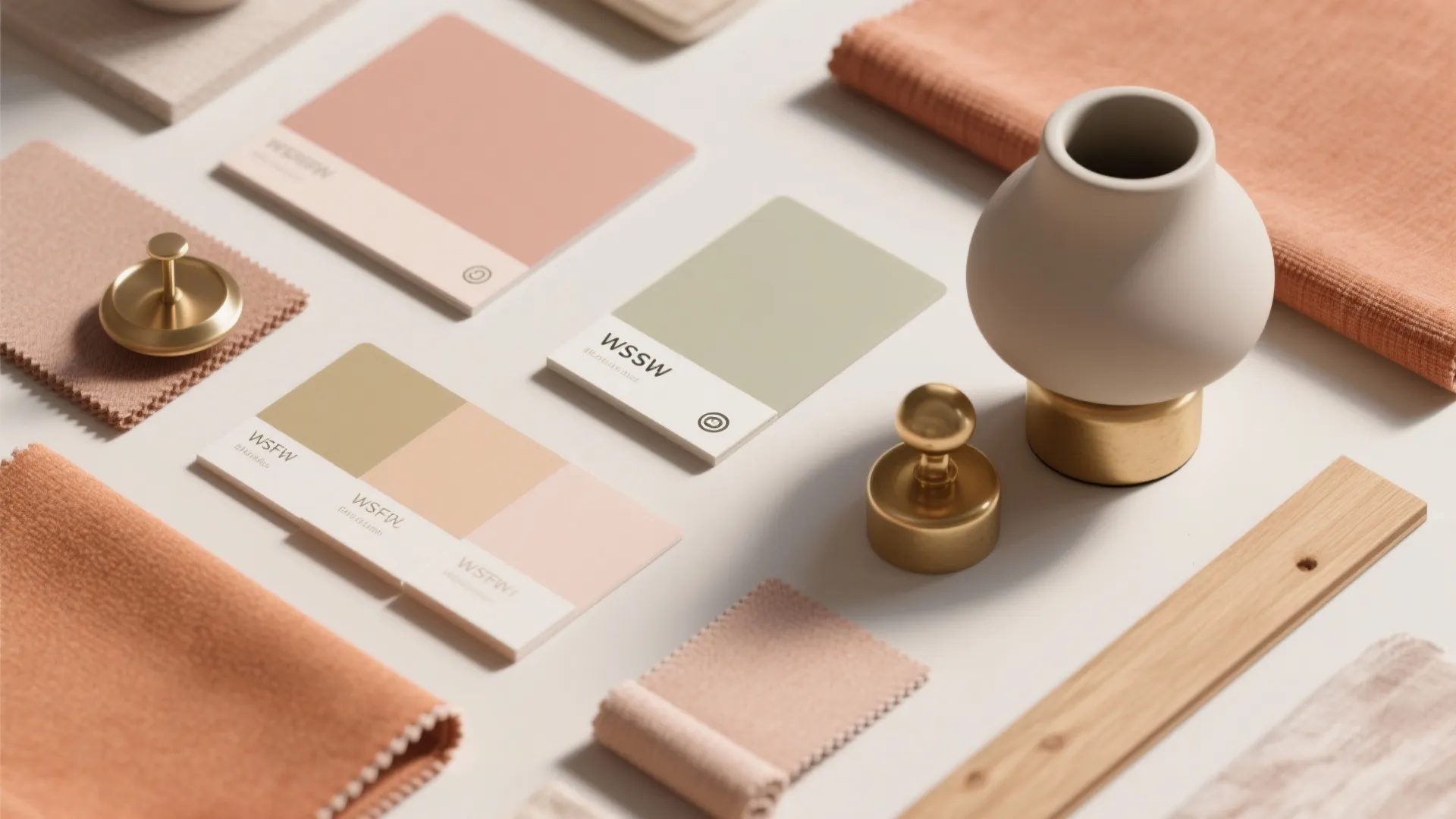 Flat lay of dusty blush, warm sage, and pale terracotta paint swatches with fabric and material samples.