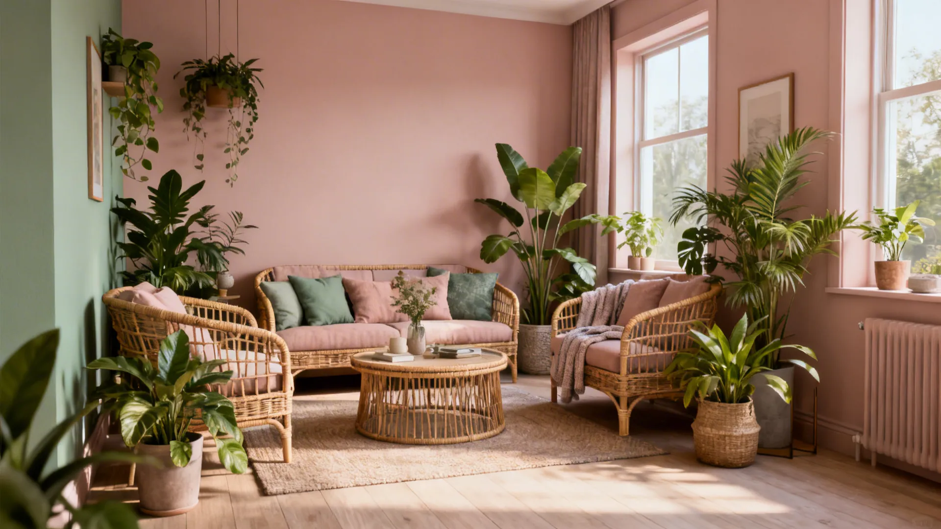 Small living room with dusty rose and sage accents and lots of plants