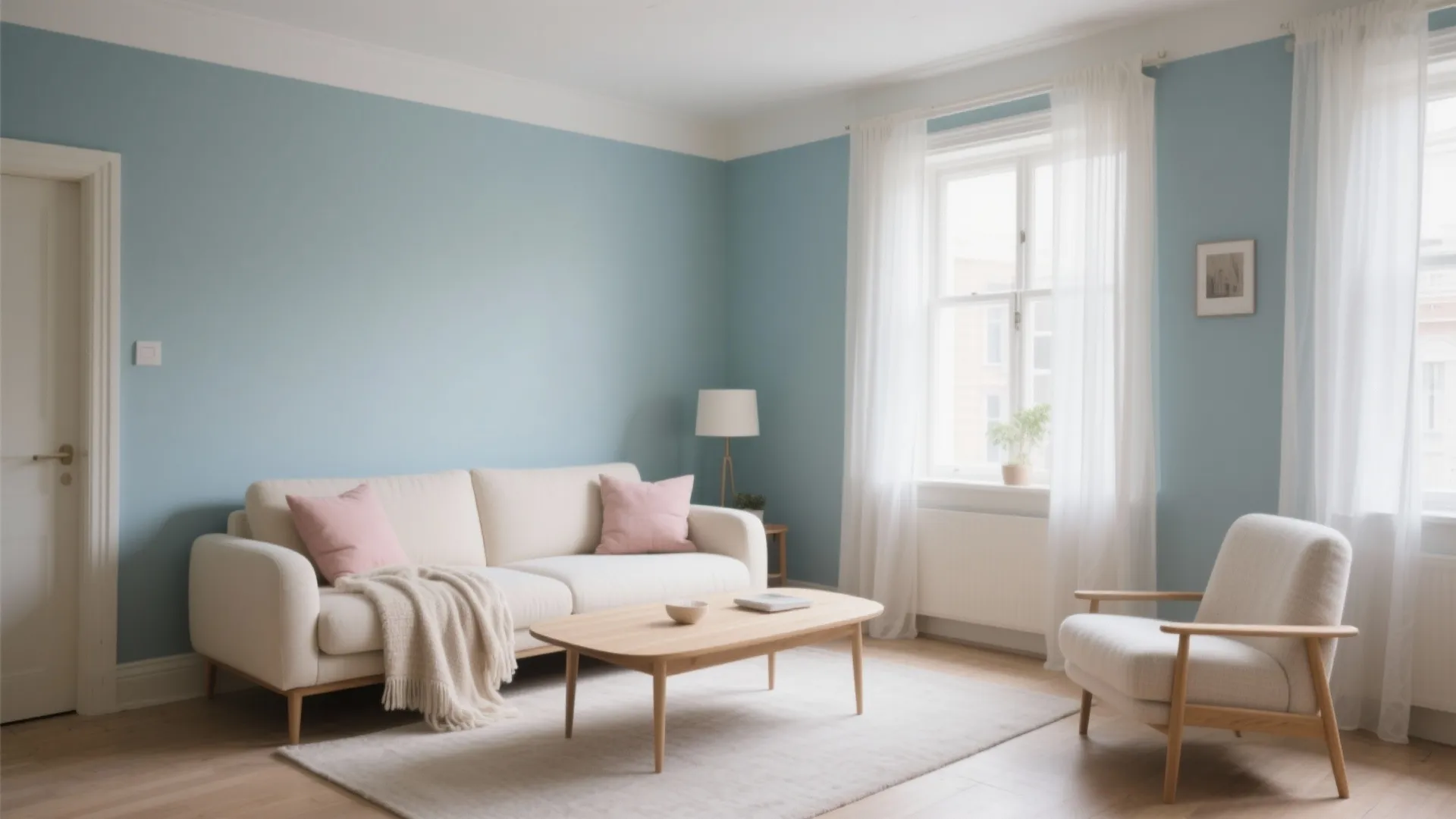 Modern living room with blue walls white sofa wooden coffee table white chair and natural light