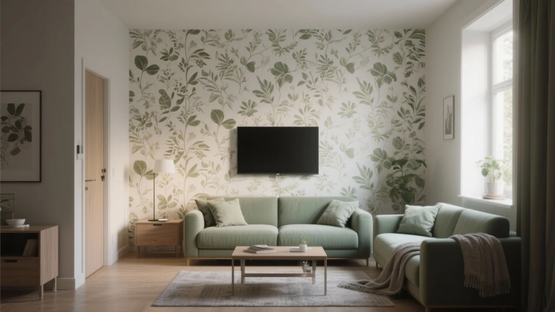 Living room with green sofa floral pattern wallpaper wall mounted television wooden coffee table and rug