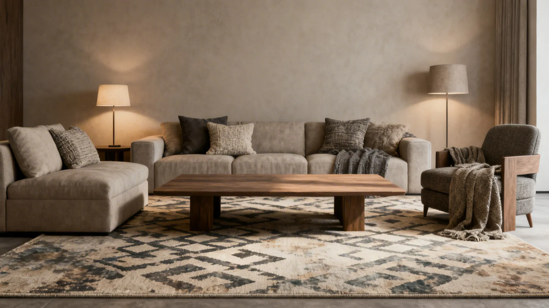 Living room with a faded muted-pattern rug harmonizing mixed seating and textiles.
