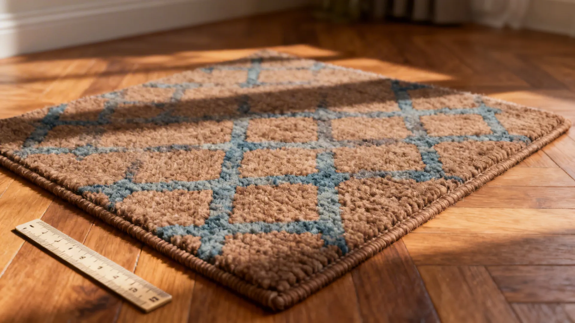 Close up of brown patterned rug on wooden floor with a small ruler for scale