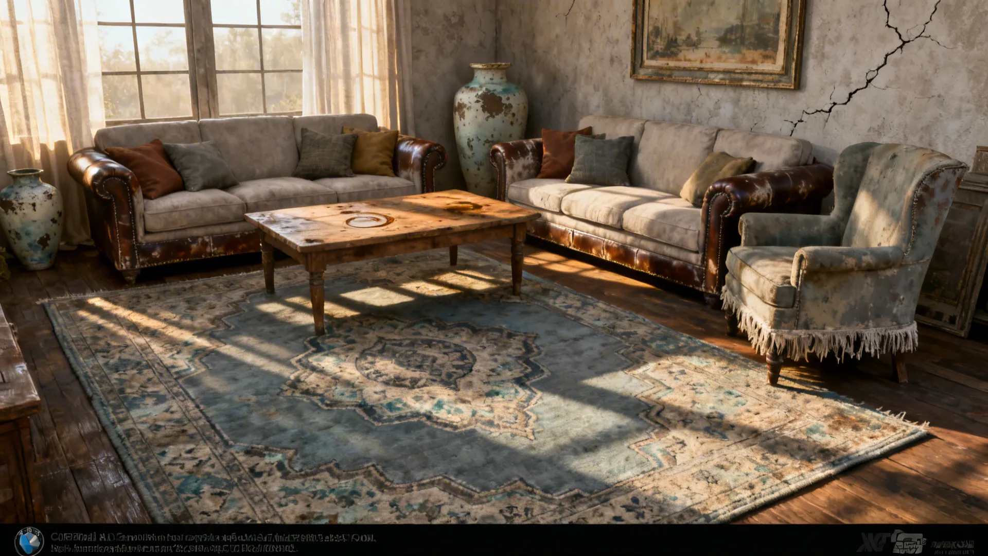 Living room with a muted patterned rug featuring faded geometric motifs and neutral furnishings.