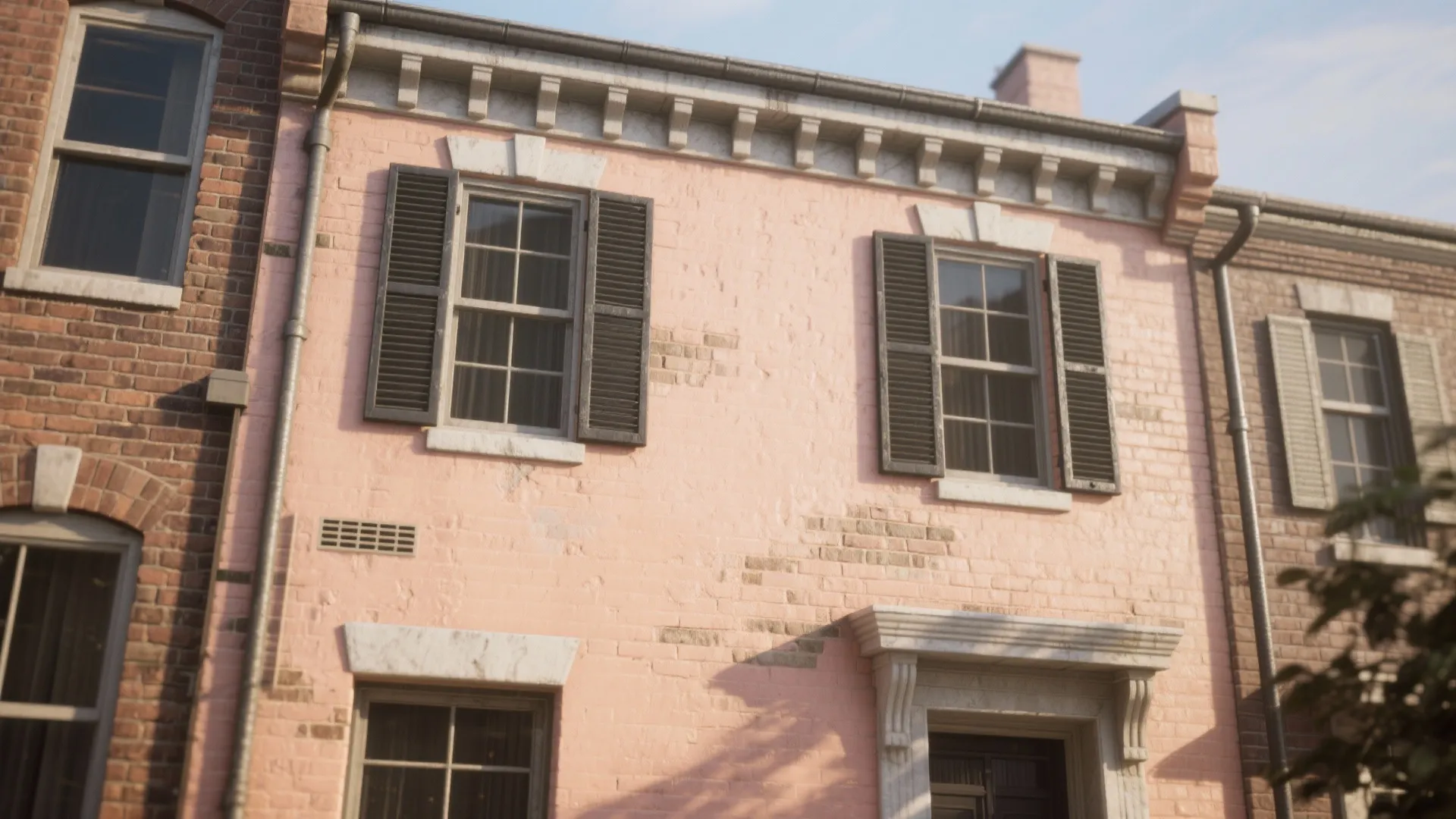 Peach brick house exterior wall with black window shutters and classic white stone window frame detail