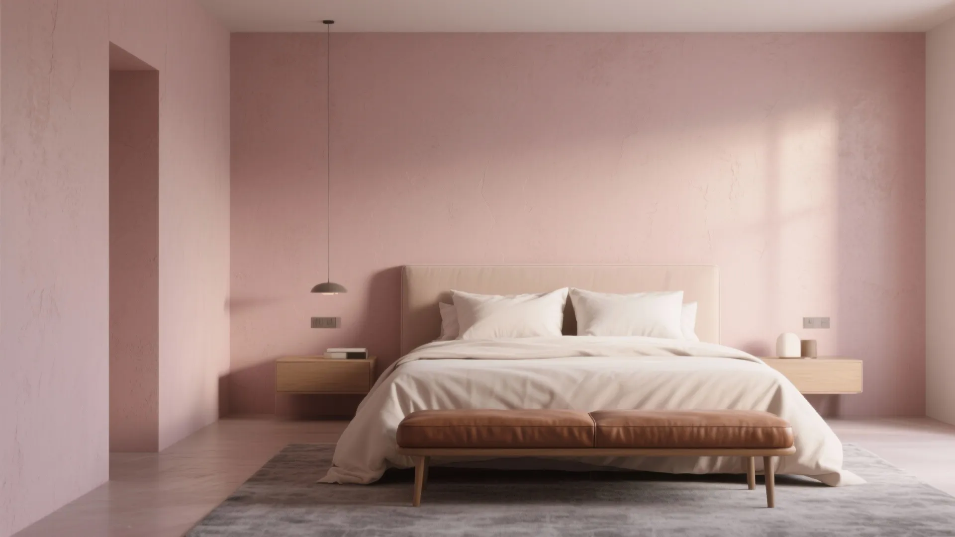Pink bedroom with beige bed brown footrest grey rug hanging light and twin wooden tables