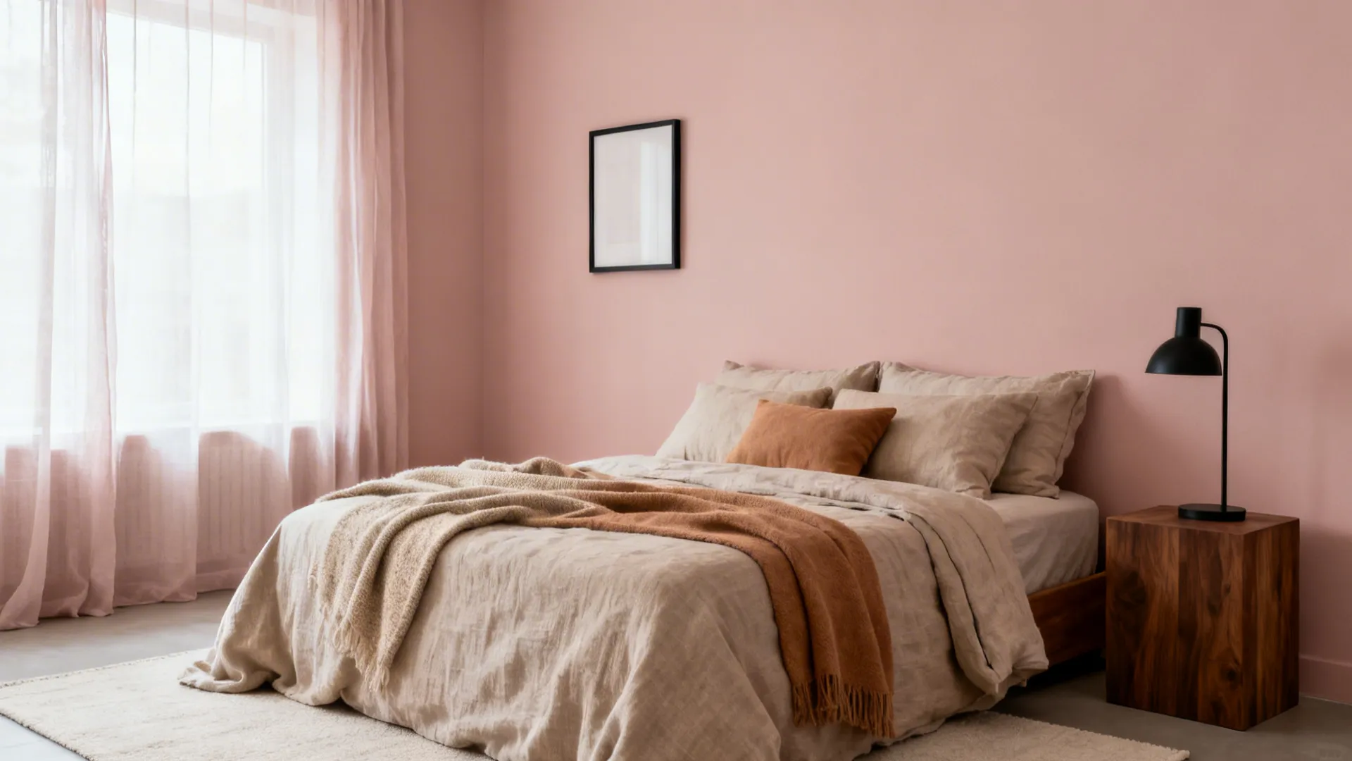 Muted blush bedroom layered with linen, oat, and camel textiles with a matte black lamp.