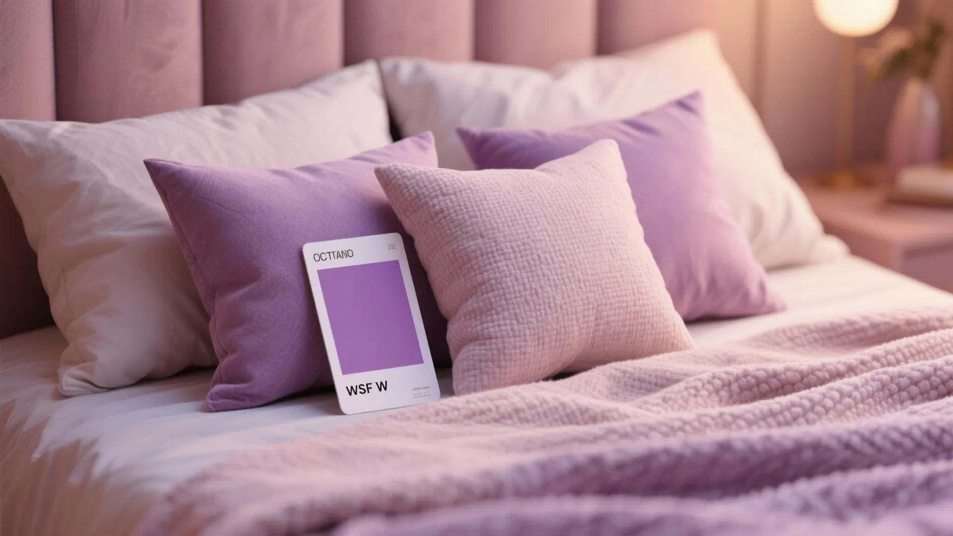 Close-up of blush and mauve textiles and a paint swatch showing muted romantic accents.