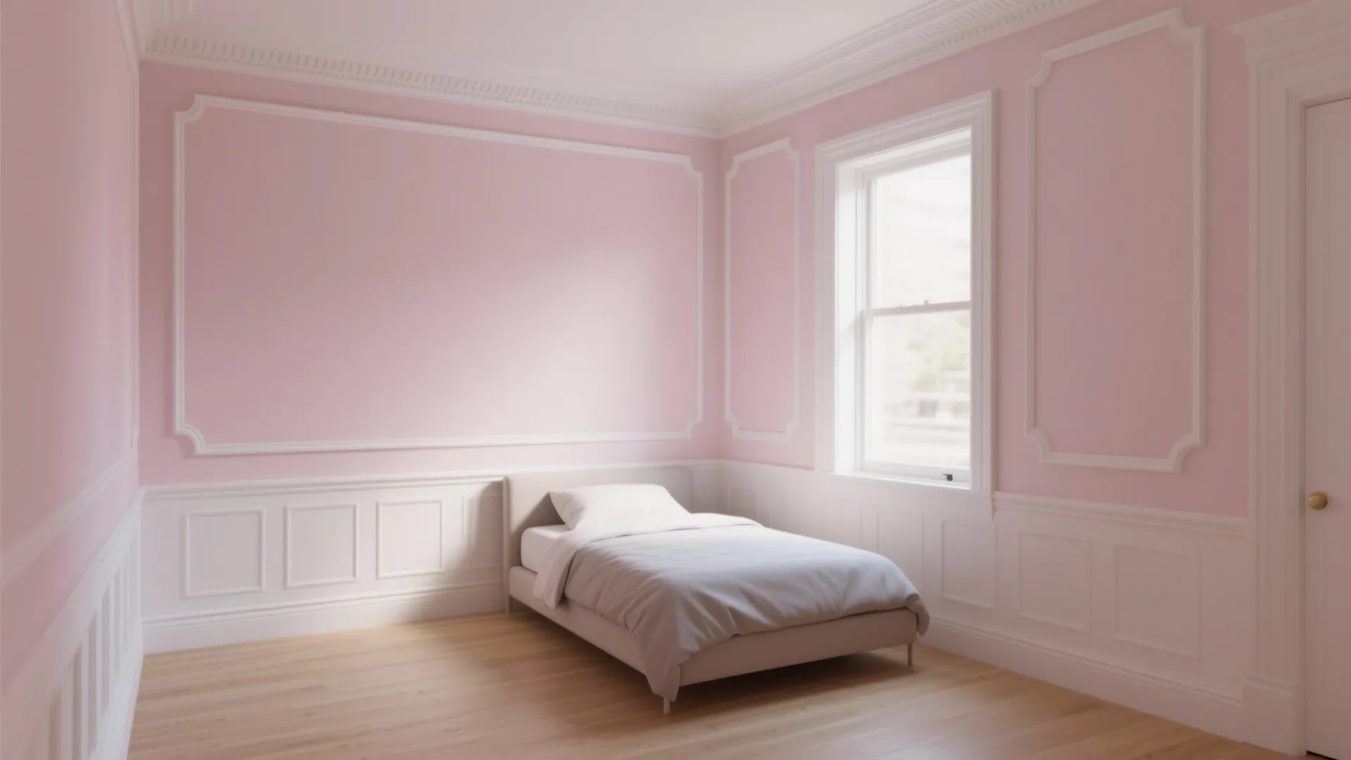 Minimalist bedroom with pink walls, white wall panel, wooden floor, single bed, and natural light