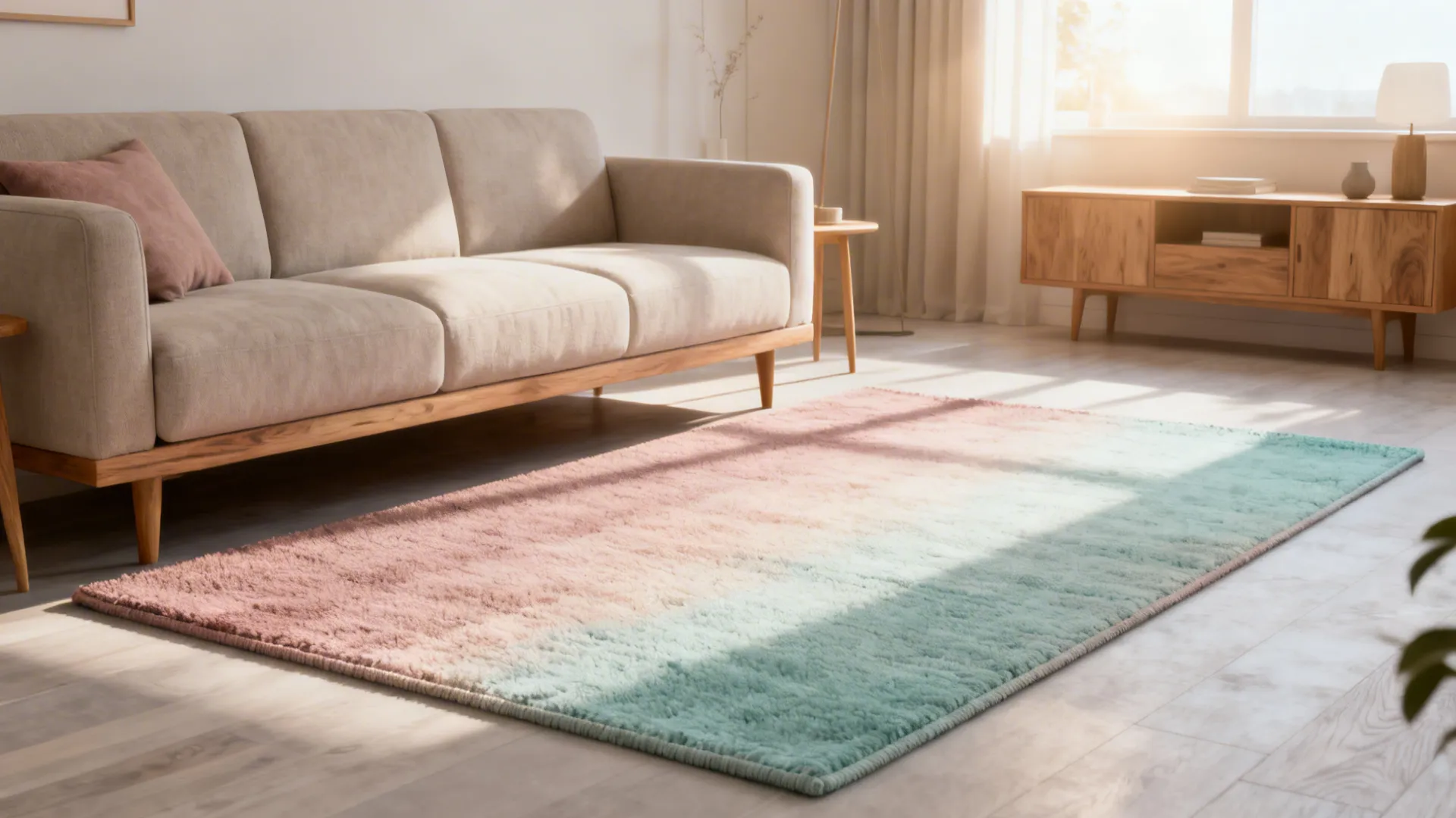 Scandinavian-style living room with a muted rainbow ombré rug brightening a neutral sofa and wood tones