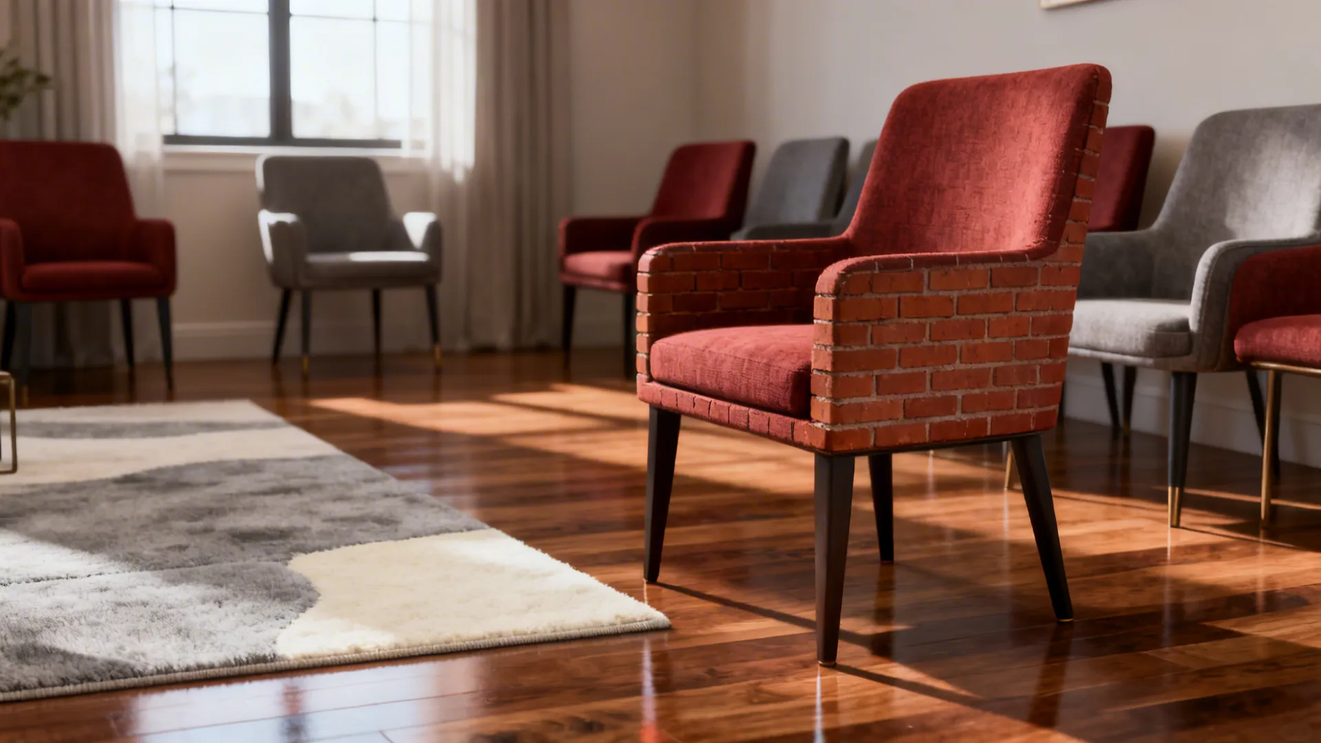 Muted brick-red accent chairs positioned on warm brown hardwood floors with neutral accents.