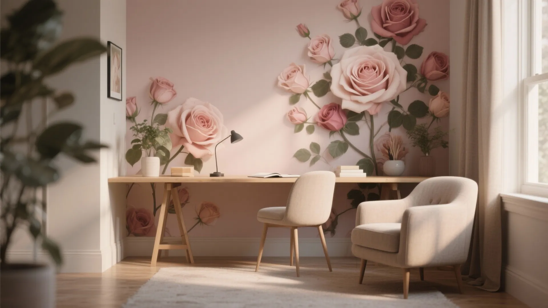 Bright study area featuring pink rose wall pattern wooden desk cream armchair and soft lighting