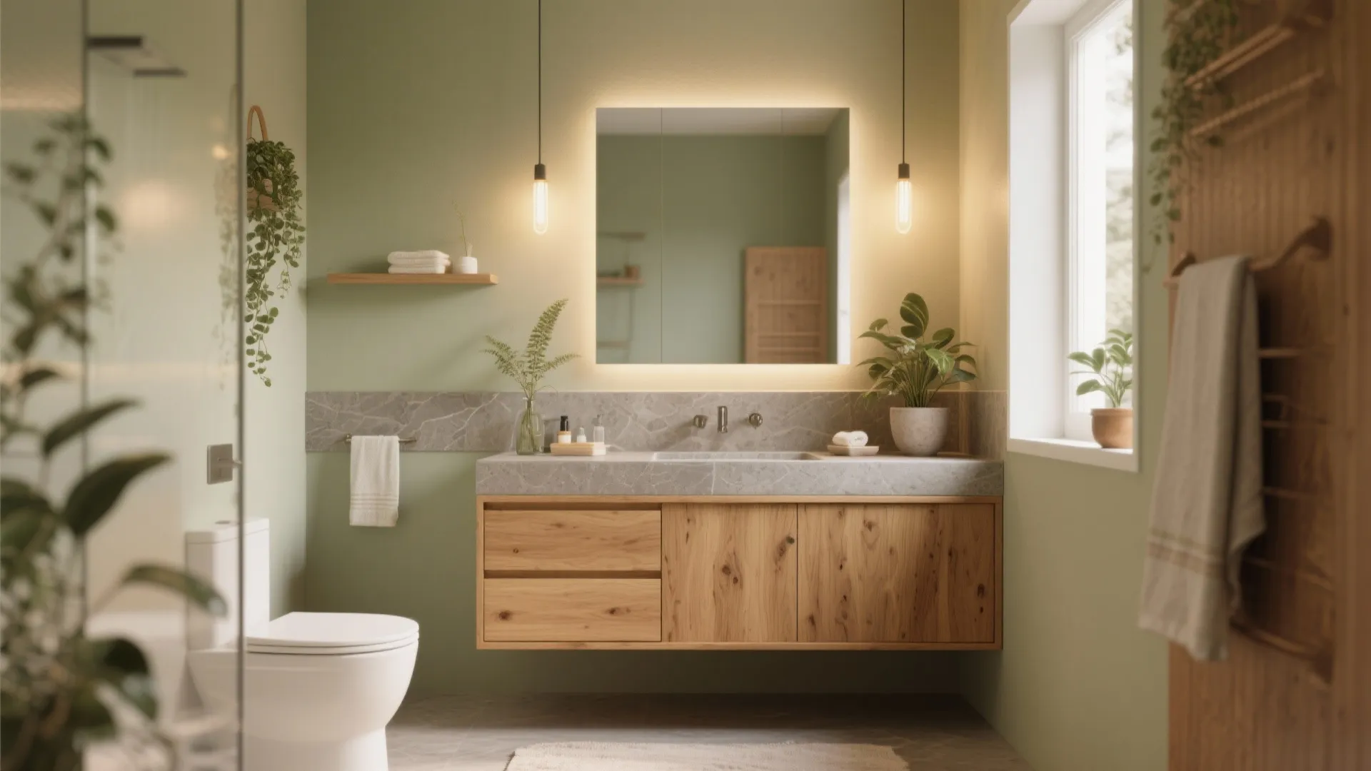 Sage green bathroom with wooden cabinet marble sink lighted square mirror white toilet and green plants