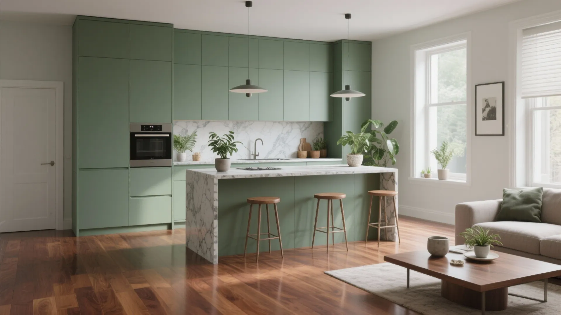 Modern kitchen with green cabinets marble island wooden stools dark wood floors and natural lighting