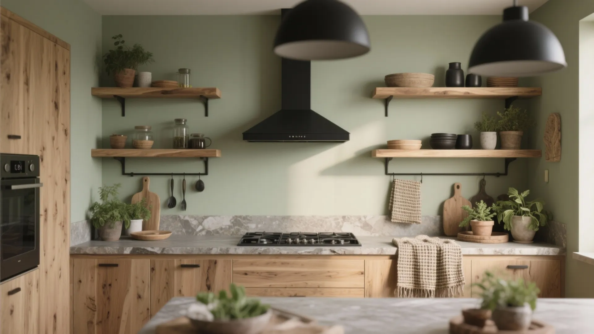 2. Muted Sage and Natural Wood