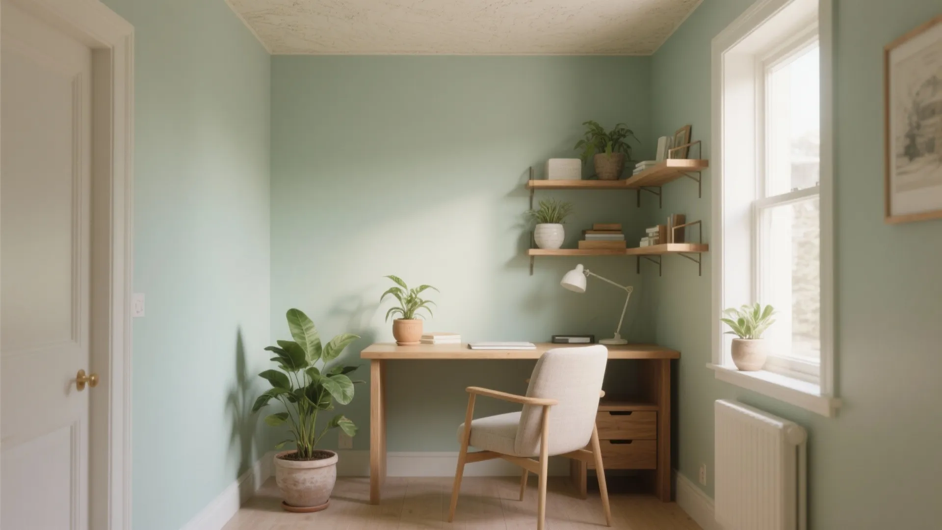 Tiny home office with muted sage walls, creamy ceiling and plants creating a natural, restful energy.