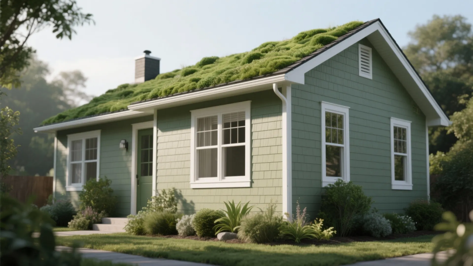 Sage green small house with white windows and thick green moss growing on the roof
