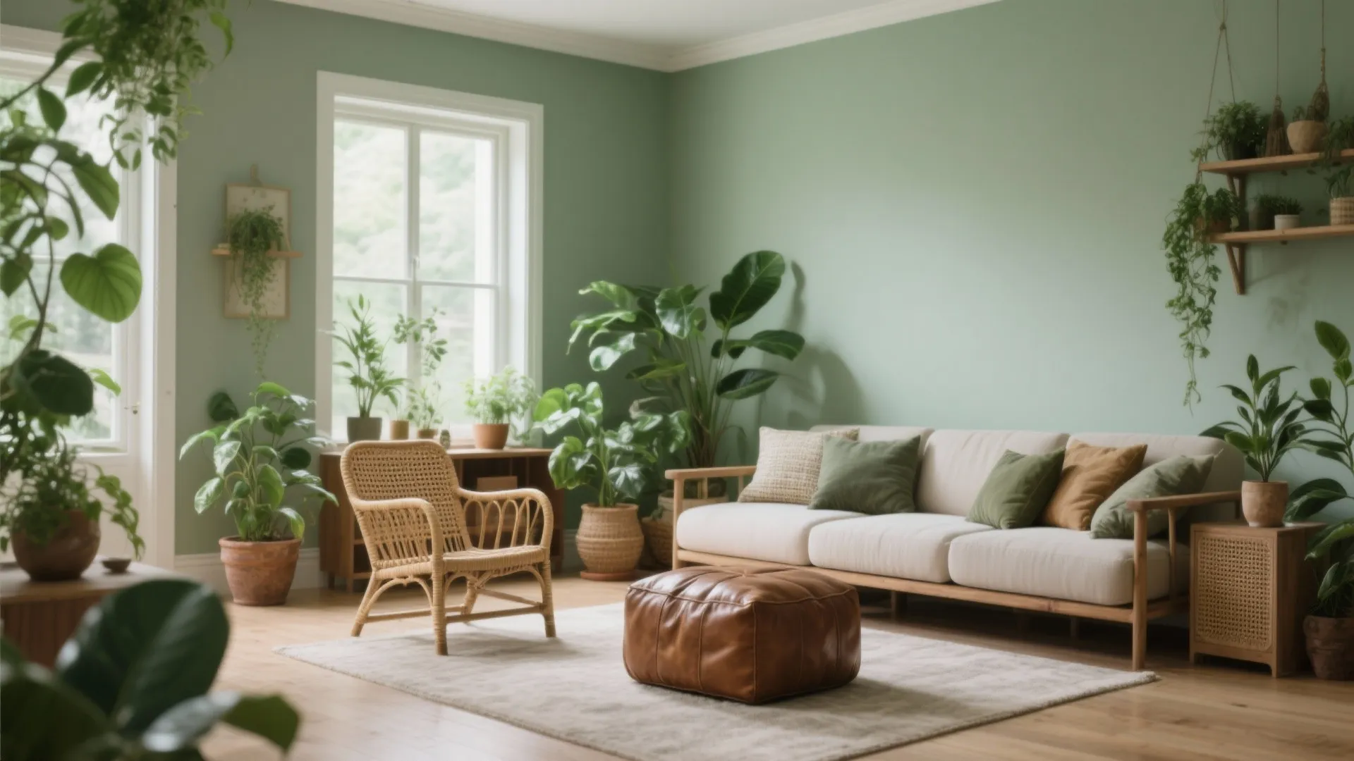 Living room with muted sage walls, rattan and leather accents, and plants that create a fresh neutral palette.