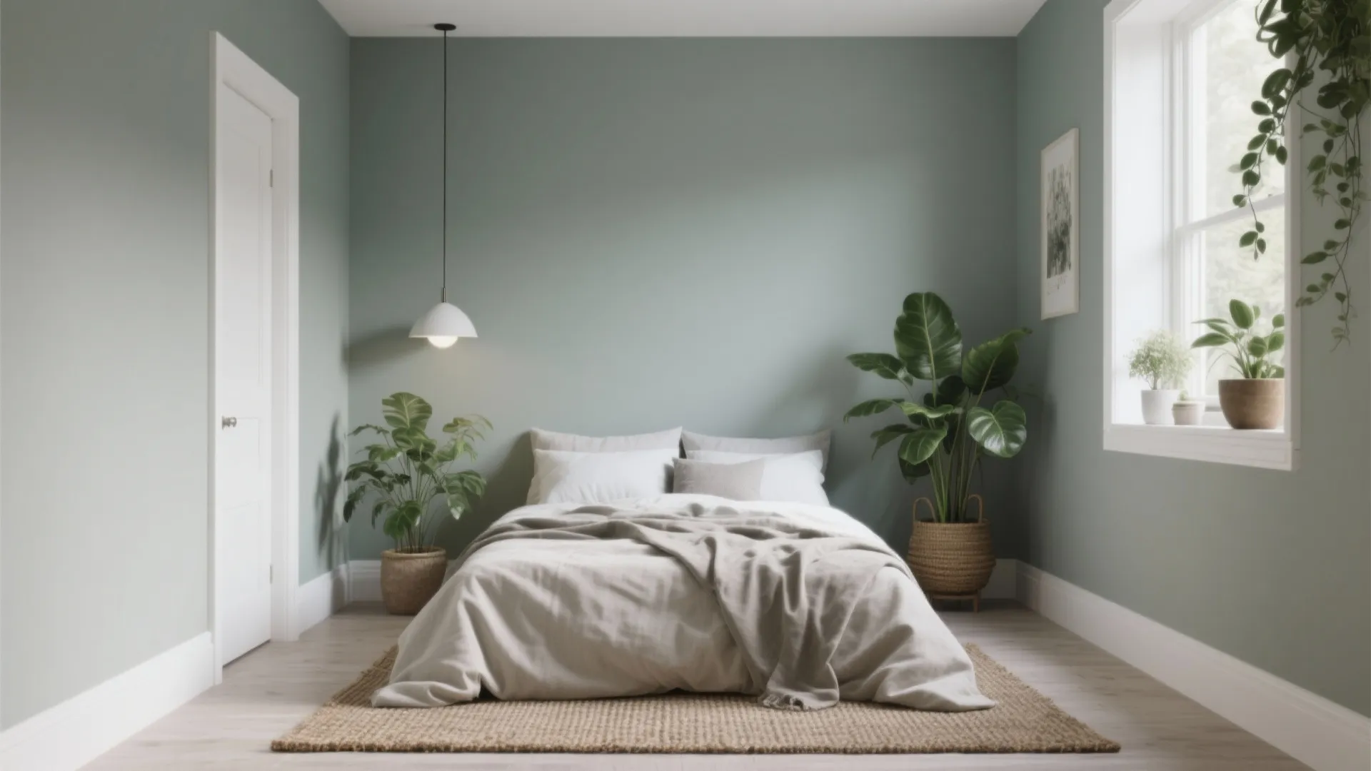 Sage green bedroom featuring large indoor plants beside a bed with soft grey bedding and rug