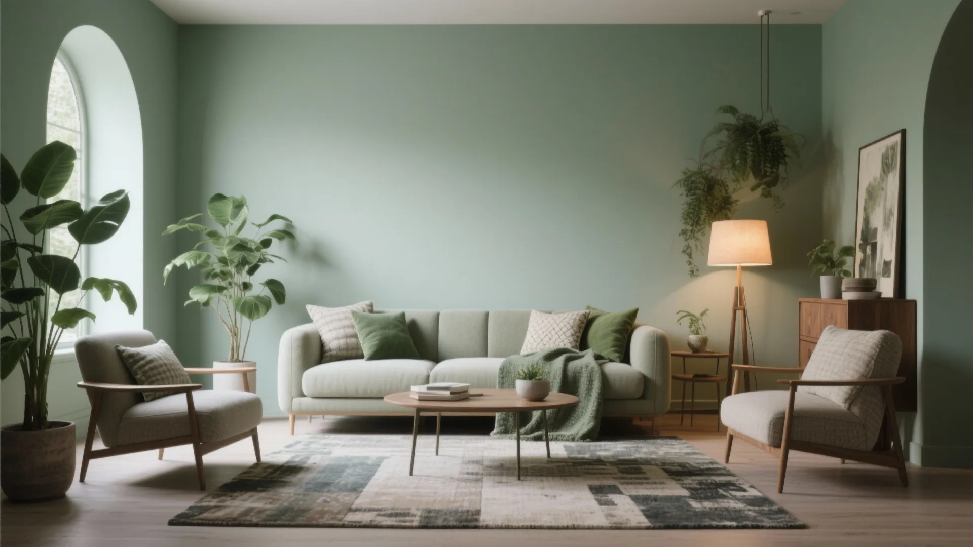 Serene drawing room with muted sage walls, mixed vintage and modern furniture, and warm ambient lighting.