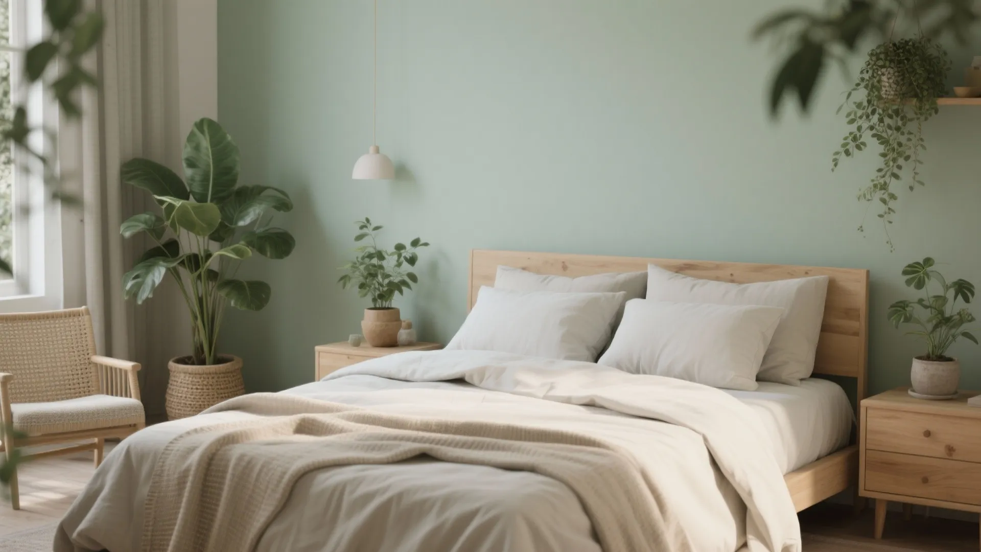 Bedroom with muted sage walls, natural woven textures, plants, and linen bedding for a reassuring feel