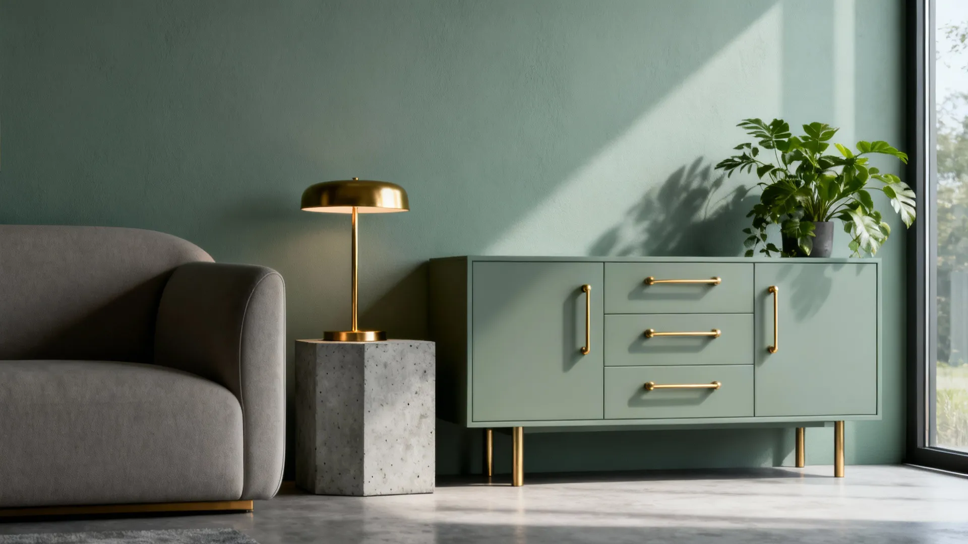 Modern green living room with sage green cabinet gold handles grey sofa and gold table light