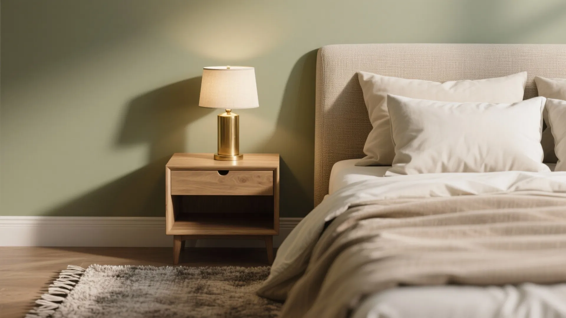 Close up of wooden bedside table with gold lamp beside a bed with white pillows
