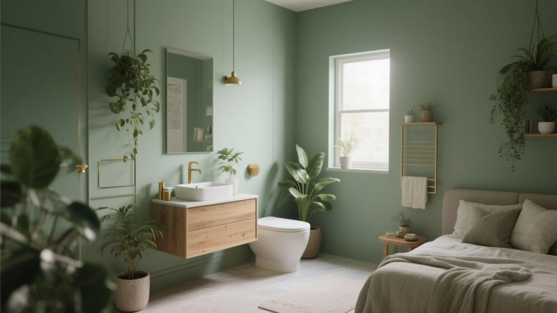Modern green bathroom with wooden cabinet white sink toilet bed plants and soft natural light