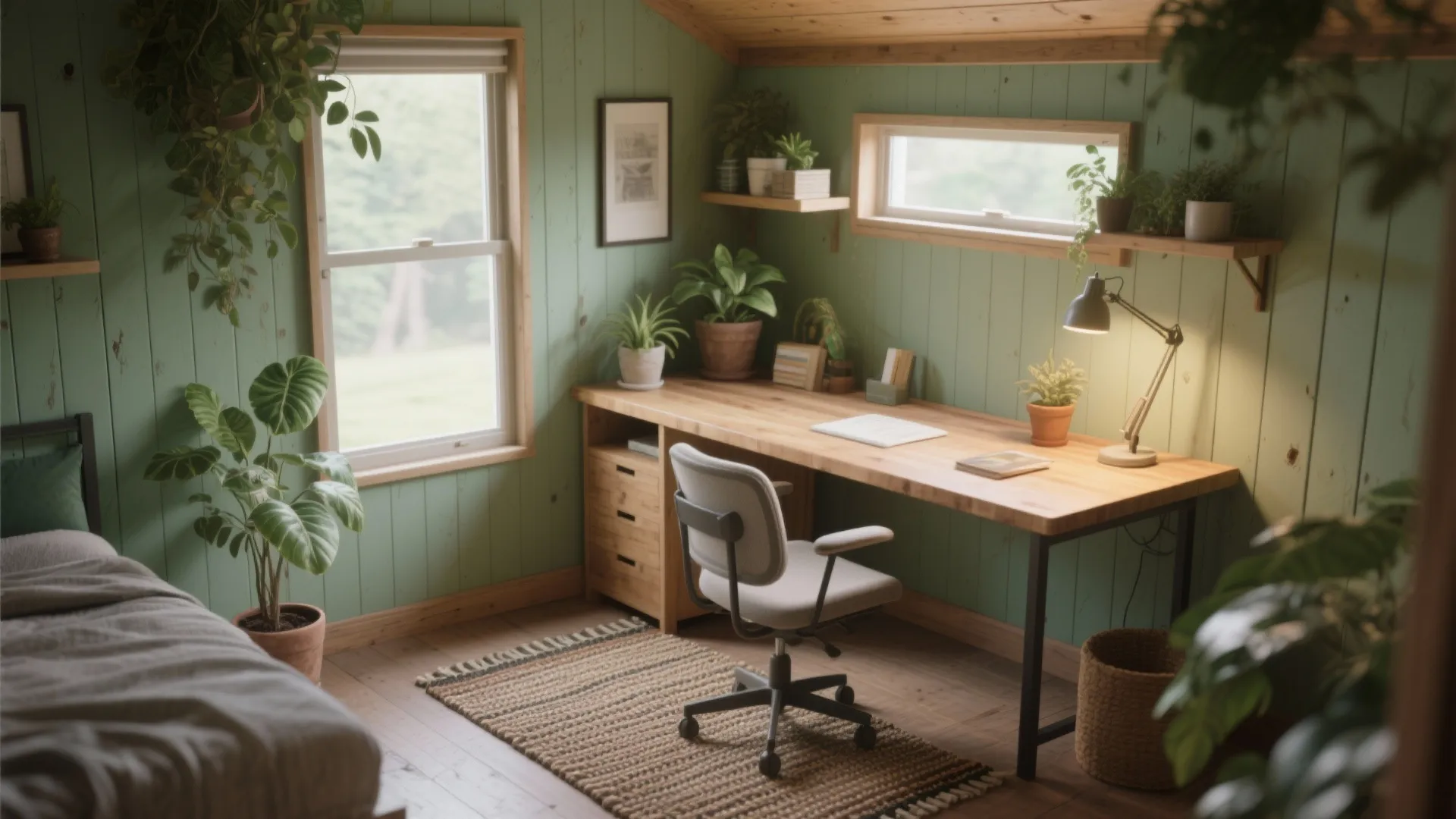 Cozy home office with green wood walls wooden desk white chair many plants and natural light