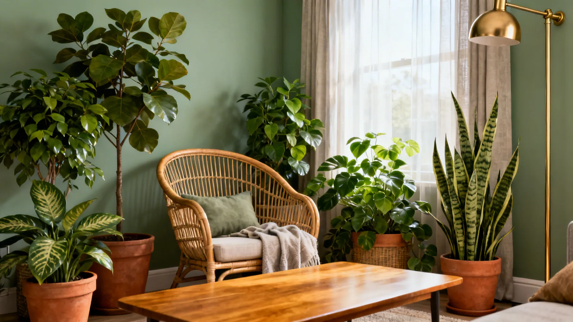 Cozy living room corner with green wall, wicker chair, wooden table, potted plants, and window