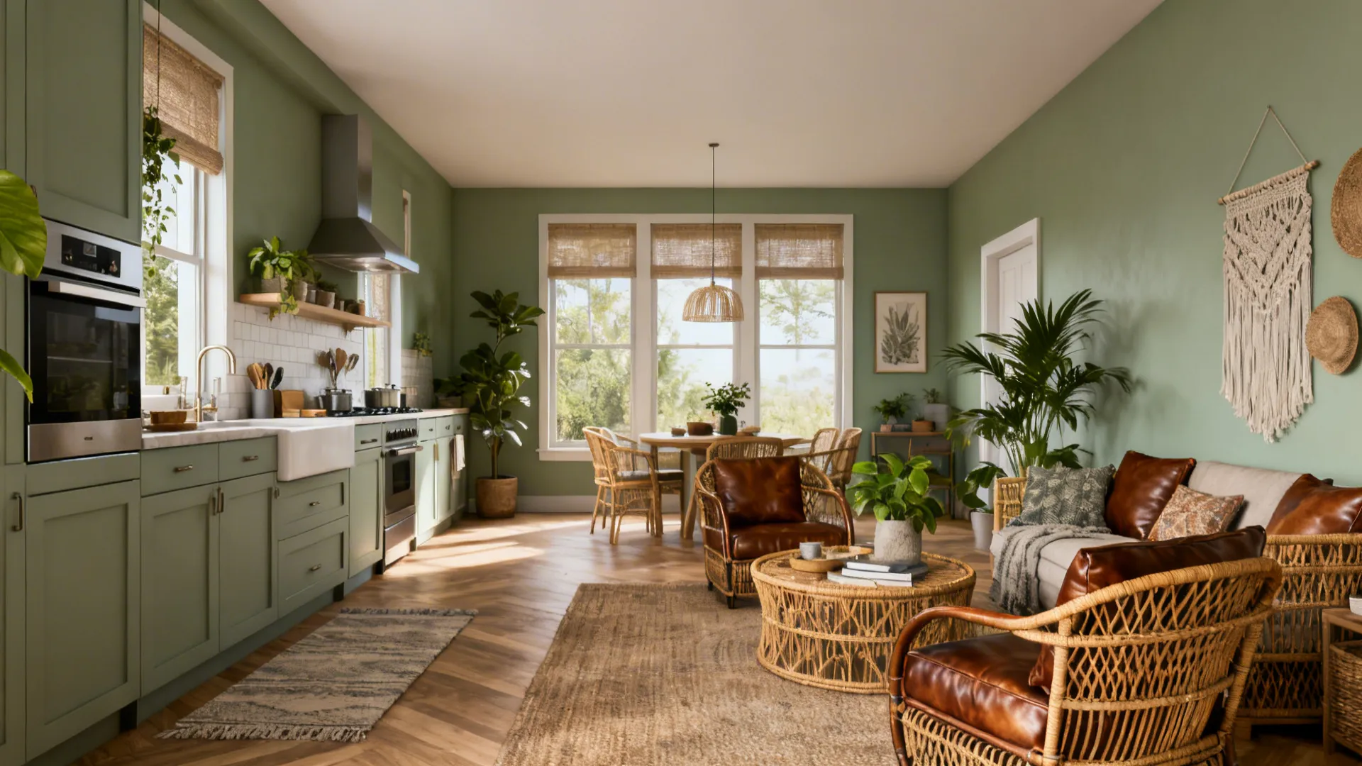 Kitchen-living combo with muted sage green walls, rattan furniture and leather accents.