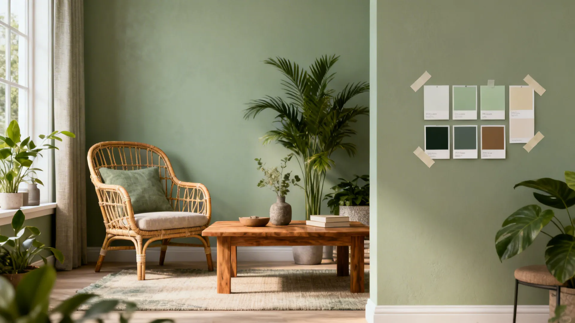 Small living area painted muted sage green with wood and rattan accents and indoor plants.