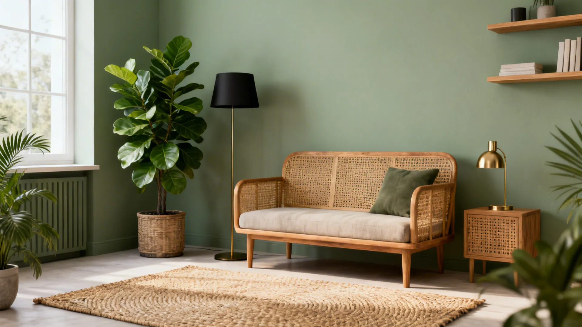 Small living room with muted sage green walls, wood furniture and rattan accents.