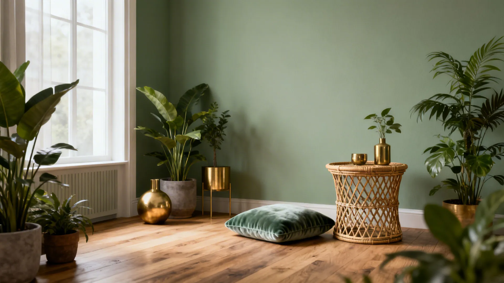 Green room featuring potted plants, wood floor, wicker side table, velvet floor pillow, and gold decor