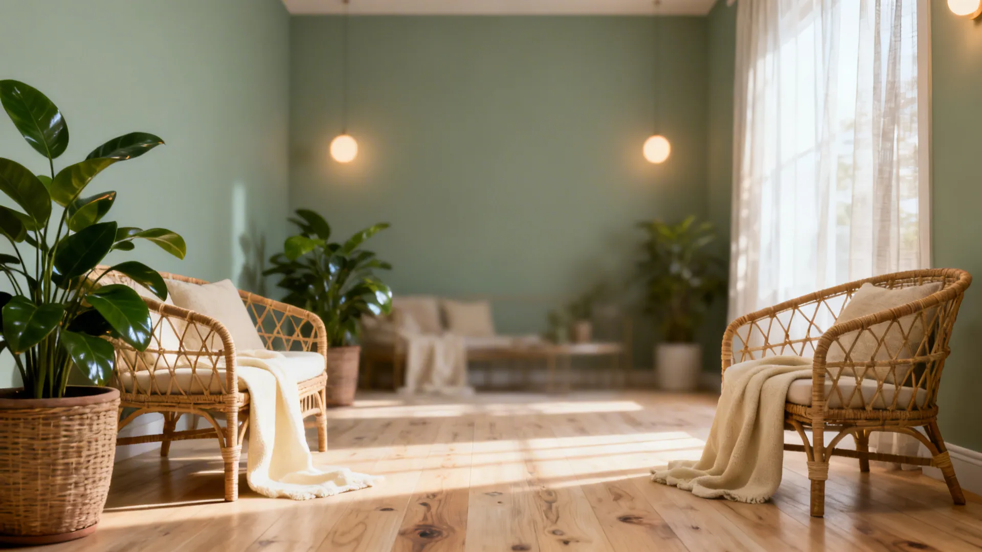 Small living room with muted sage walls, rattan furniture and plants creating a calm natural feel.